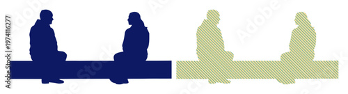 Two people sitting on a bench, facing each other, in silhouette.