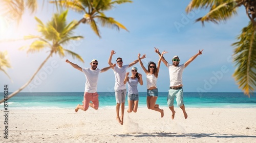 Happy Group of Friends Jumping on Tropical Beach During Summer Vacation, Tourism and Travel Lifestyle Concept