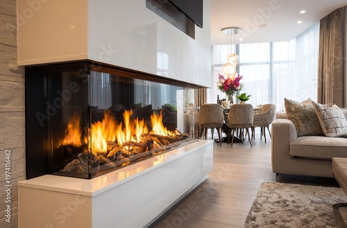 Elegant linear gas fireplace with vibrant dancing flames glows brightly within a pristine white mantel inside a sophisticated modern dining room interior