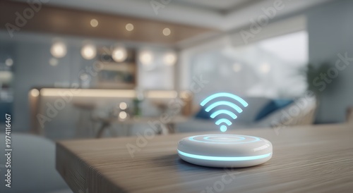 A small white wireless hub with a glowing blue Wi-Fi icon sits on a wooden table in a blurred modern home interior with soft ambient lighting effects