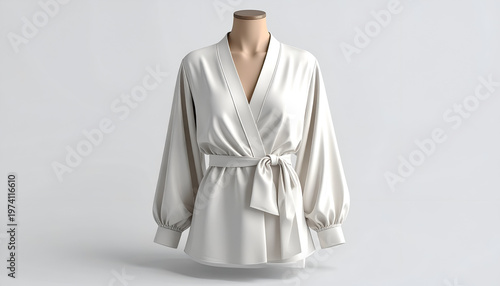 An elegant, ivory-colored, satin-like wrap top with balloon sleeves, tied at waist, on a mannequin