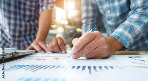 Professional hand holds a sleek silver pen while analyzing complex financial charts on paper during a collaborative business meeting in a bright office space