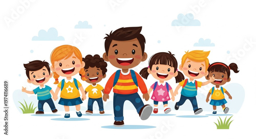 Diverse Group of Happy Children Walking Together with Backpacks.