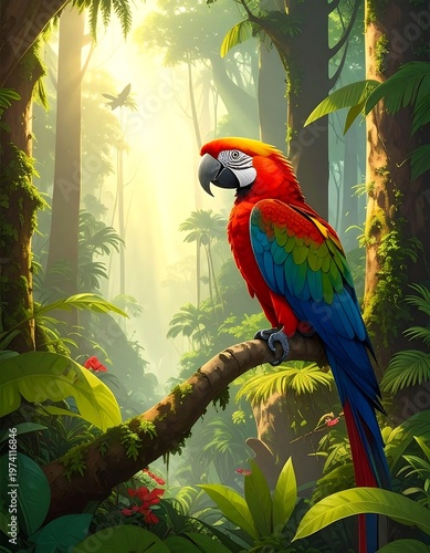 A vibrant macaw perches on a branch in a lush rainforest