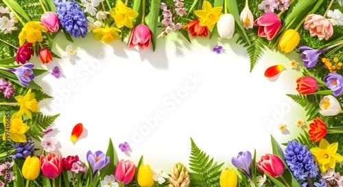 Colorful Spring Flower and Green Leaf Border Frame isolated PNG with Transparent Background