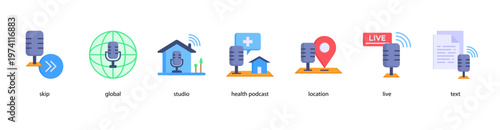 Global Podcasting web banner icon vector illustration featuring skip, global, studio, health podcast, location, live, and text for international audio broadcasting.