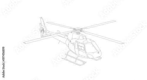 Detailed line drawing of a helicopter with rotors and skids