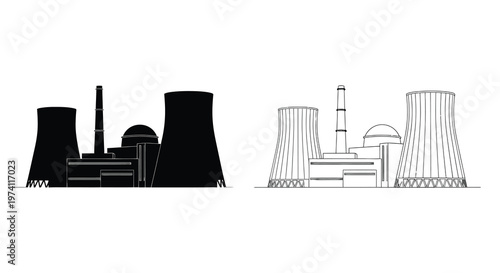 Two depictions of a nuclear power plant with cooling towers in black and white