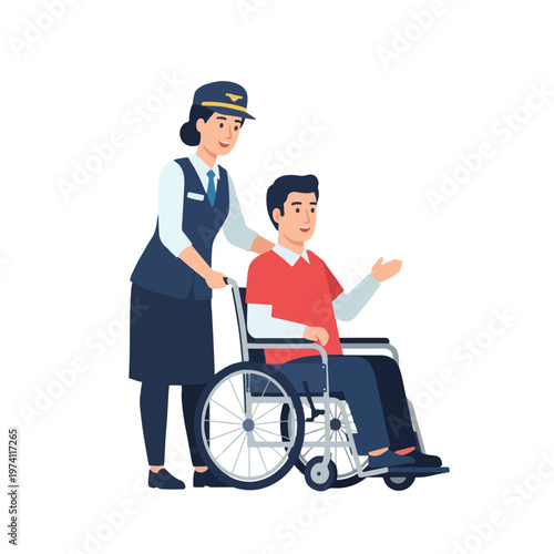 a picture of a flight attendant helping a passenger who uses a wheelchair