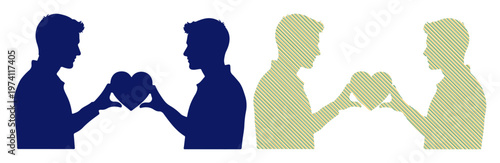 Two men exchange hearts, symbolizing love, connection, and mutual affection.