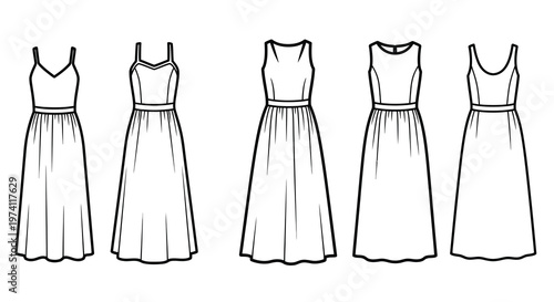 Fashion illustration of five different women s sleeveless dresses in black and white