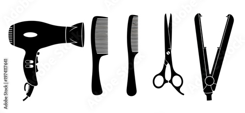 Professional hairdressing tools silhouettes set including hair dryer scissors and combs for beauty salon branding