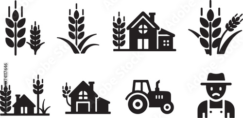 Agricultural icons and farm symbols in black and white