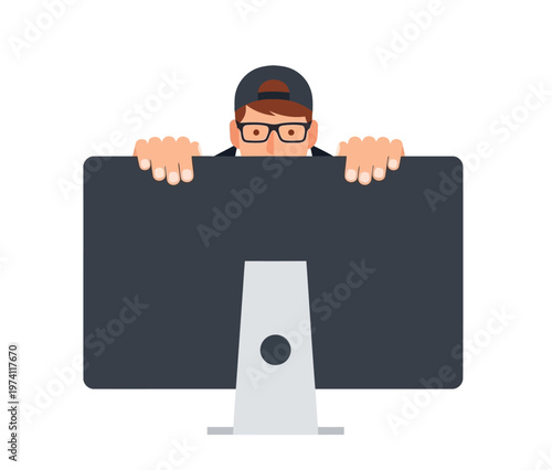 Man peeking over computer monitor screen illustration of developer or gamer curious about digital content or work