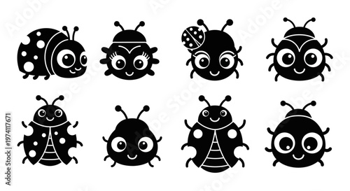 Cute ladybug characters icon set collection black and white beetle emoji for children education and app design