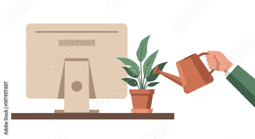 Watering office plant near computer monitor representing work life balance and environment care in workspace