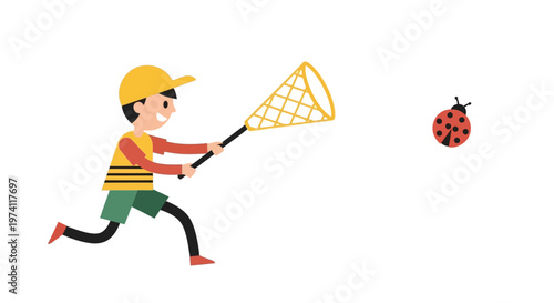 Boy chasing ladybug with net illustration representing summer outdoor activity and nature exploration for children