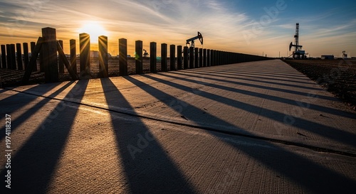 Sunset over industrial landscape with oil pumps and shadows.