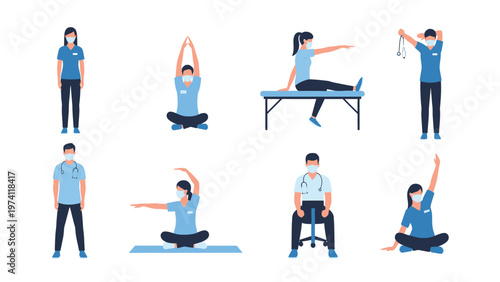 Healthcare workers in masks stretching & exercising. Wellness, stress relief, and physical activity routines for medical professionals. Vector set.