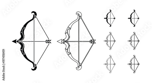 Black and white illustrations of various bows and arrows in differing styles