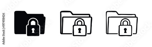 Secure folder icon set with padlock, in solid, bold, and thin line styles on white background.