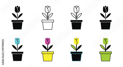 Stylized tulips in pots a colorful and monochrome floral arrangement