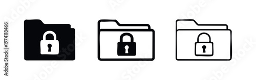 Locked folder icon set featuring solid, bold outline, and thin outline variations on white background.