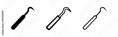 Dental hook tool icon set for dentistry and oral hygiene on white background.