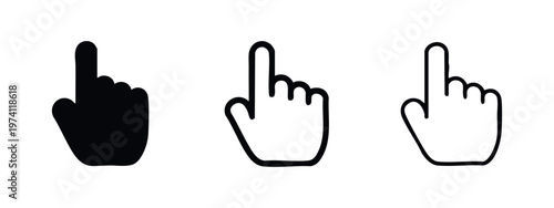 Set of hand cursor icons. Finger pointer symbol for click and selection in solid, thick outline, and thin outline styles.