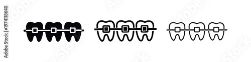 Set of teeth with braces icons. Orthodontic treatment and dental correction symbols in solid, thick outline, and thin outline styles.