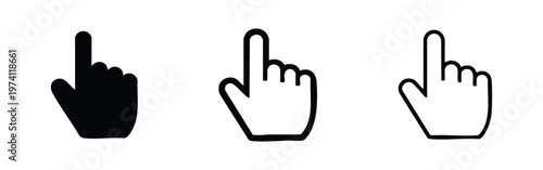 Set of hand cursor icons. Finger pointer symbol for click and selection in solid, thick outline, and thin outline styles.