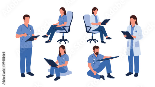 Healthcare Professionals with Clipboards Vector Illustration Set in Various Poses and Attire