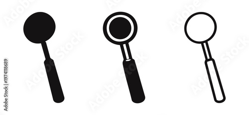 Set of dental mirror icons. Dentist tool for oral examination and hygiene in solid, thick outline, and thin outline styles.