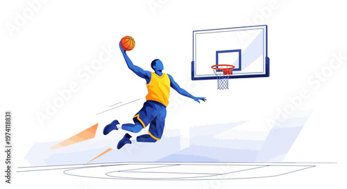 Modern Flat Illustration of Basketball Player Slam Dunking on Court