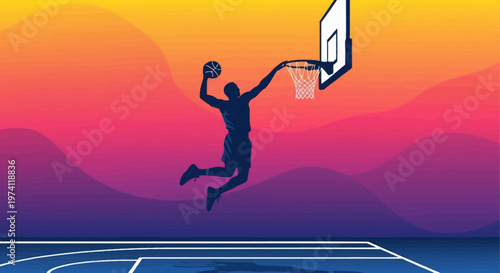 Silhouette Sporty Slam Dunk Basketball Player in Action Graphic Illustration