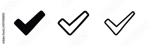 Set of checkmark or tick icons in solid, bold outline, and thin outline styles, flat design vector illustration.