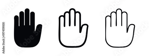 Set of open palm hand icons in solid, bold outline, and thin outline styles, flat design vector illustration.