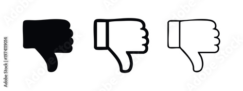 Set of thumbs down dislike icons in solid, bold outline, and thin outline styles, flat design vector illustration.