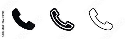 Phone call icon set. Vector illustration of telephone receiver symbol in solid, outlined, and thin line styles.