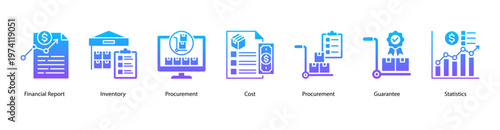 Financial and Inventory Control web banner icon vector illustration featuring Financial Report, Inventory, Procurement, Cost, Procurement, Guarantee, and Statistics for effective business management.