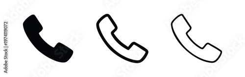 Phone call icon set. Vector illustration of telephone receiver symbol in solid, outlined, and thin line styles.