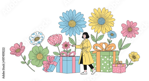 Vector spring sale event design featuring a woman in a yellow coat tending to colorful flowers growing out of gift boxes against a clean white background, conveying a joyful and celebratory