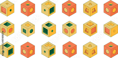 Isometric cube construction set illustration showing modular block variations geometric structures 3D design elements and architectural concept vector