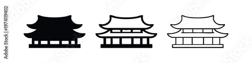 Pagoda icon set. Traditional Asian temple building symbol in solid, bold, and thin outline styles. Oriental architecture sign.