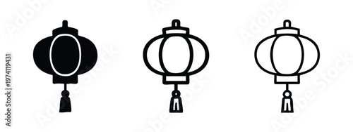 Chinese lantern icon set. Traditional oriental paper lamp symbol with tassel in solid, bold, and thin outline styles. Asian festival decor.