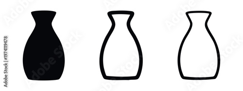 Sake bottle icon set. Traditional Japanese rice wine vessel symbol in solid, bold, and thin outline styles. Oriental drinkware.