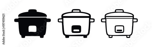 Rice cooker slow cooker icons set. Kitchen appliance symbol collection in filled and outline styles. Cooking food vector.