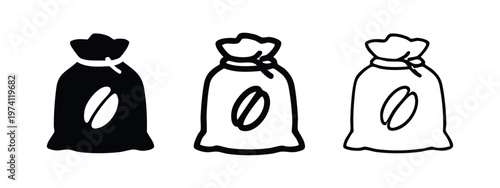 Coffee bean bag sack icons set. Drink beverage symbol collection in filled and outline styles. Cafe shop vector illustration.