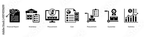 Financial and Inventory Control web banner icon vector illustration featuring Financial Report, Inventory, Procurement, Cost, Procurement, Guarantee, and Statistics for effective business management.