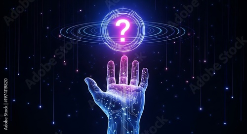 Futuristic digital hand reaching toward glowing question mark hologram